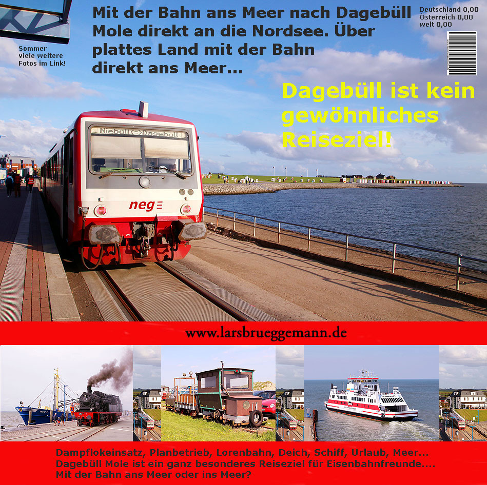 Mit der Bahn nach Dagebüll Mole direkt an die Nordsee. Über plattes Land direkt ans Meer. Hier steigt man um auf die Fähren nach Föhr und Amrum oder als Eisenbahnfreund geht man zur Lorenbahn die auf die Halligen Oland und Langeneß fahren... www.larsbrueggemann.de