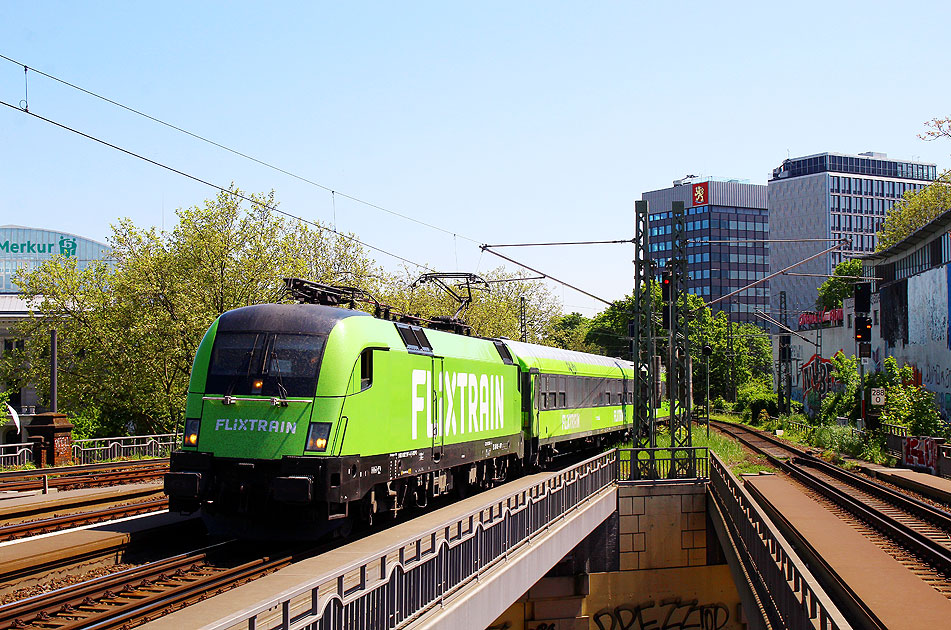 Ein Flixtrain im Hamburger Dammtorbahnhof