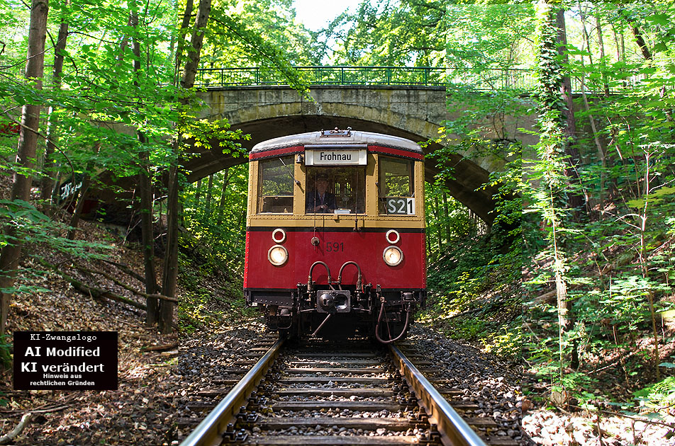 Eine S-Bahn der Baureihe 275 / 475 auf der Berliner Friedhofsbahn an der Br&uuml;cke K&ouml;nigsweg