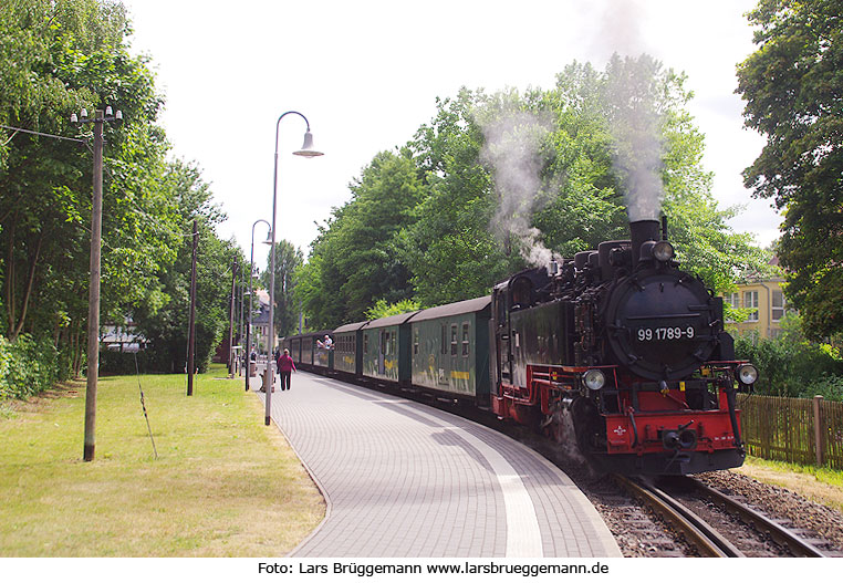 Dampfzug - Dampflok im Haltepunkt Weißes Roß auf der Lößnitzgrundbahn