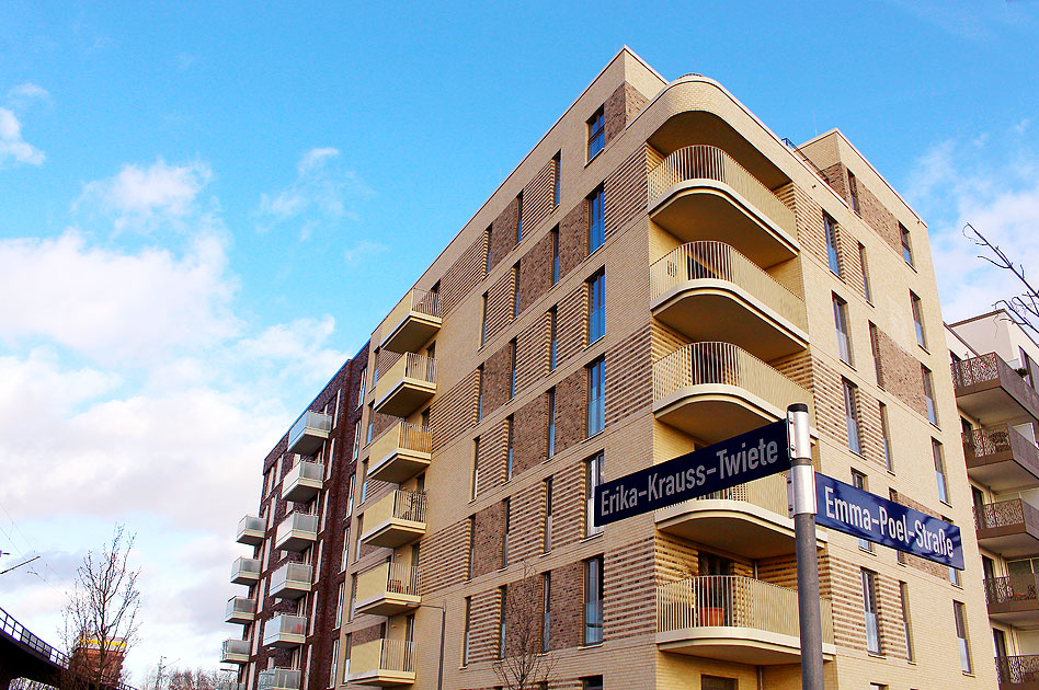 Die Ecke Erika-Krauß-Twiete / Emma-Poel-Straße in der Neubausiedlung Neue Mitte Altona