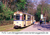 Vom Bahnhof Rahnsdorf fährt die Woltersdorfer Straßenbahn durch einen Wald nach Woltersdorf