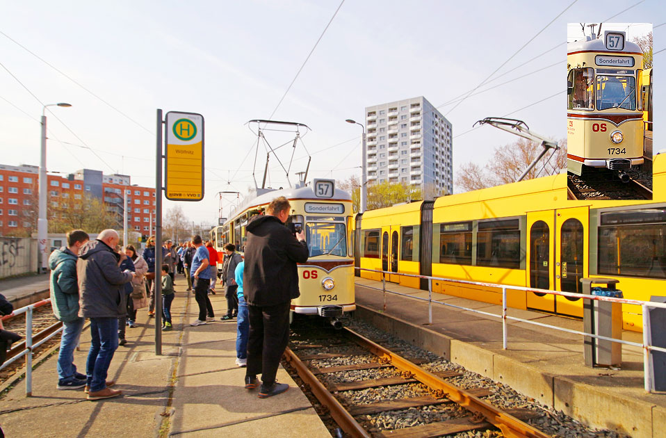 Ein Gro&szlig;raumwagen der Stra&szlig;enbahn in Dresden an derHaltestelle W&ouml;lfnitz