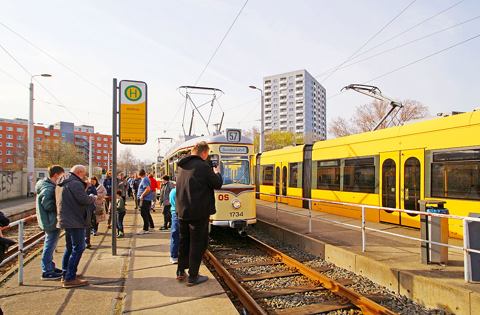 Ein Gro&szlig;raumwagen der Stra&szlig;enbahn in Dresden an derHaltestelle W&ouml;lfnitz