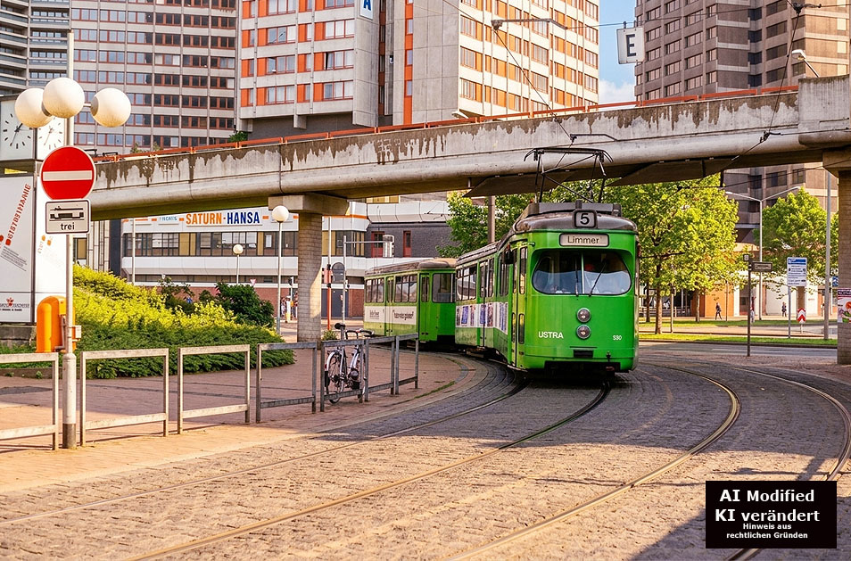 Die Stra&szlig;enbahn in Hannover an der Haltestelle Am K&uuml;chengarten