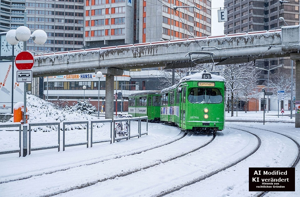 Die Stra&szlig;enbahn in Hannover an der Haltestelle Am K&uuml;chengarten